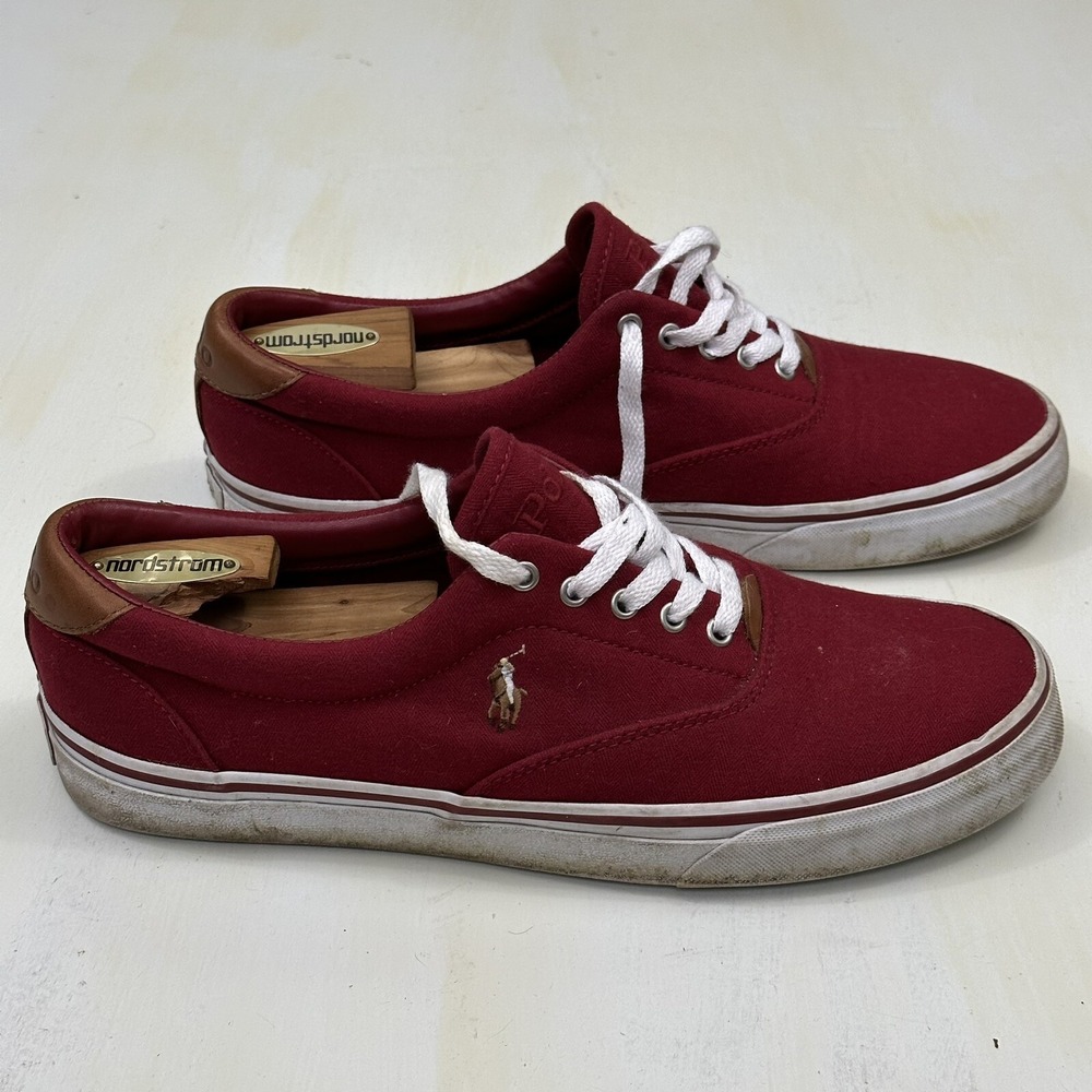 Polo Ralph Lauren Men's 10.5 Thorton Shoes Herringbone Red Canvas Logo Sneakers - Picture 5 of 14